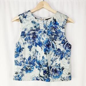 Marna Ro Sleeveless Structered Blouse Zip Back Blue Textured Rosette Approx M
